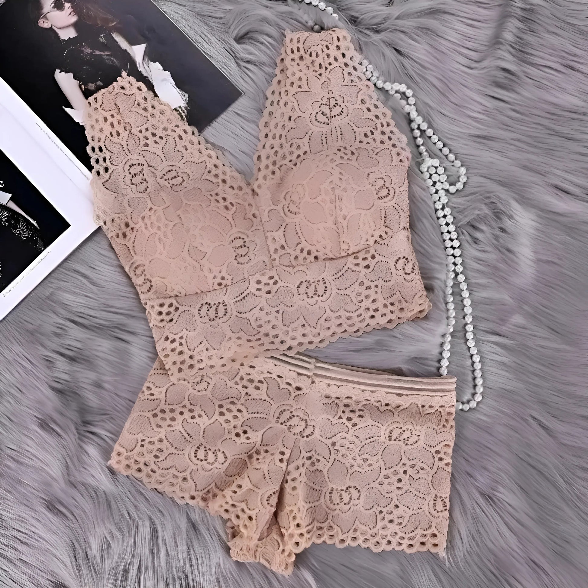 Beige Lace Lingerie Set with Built-in Features