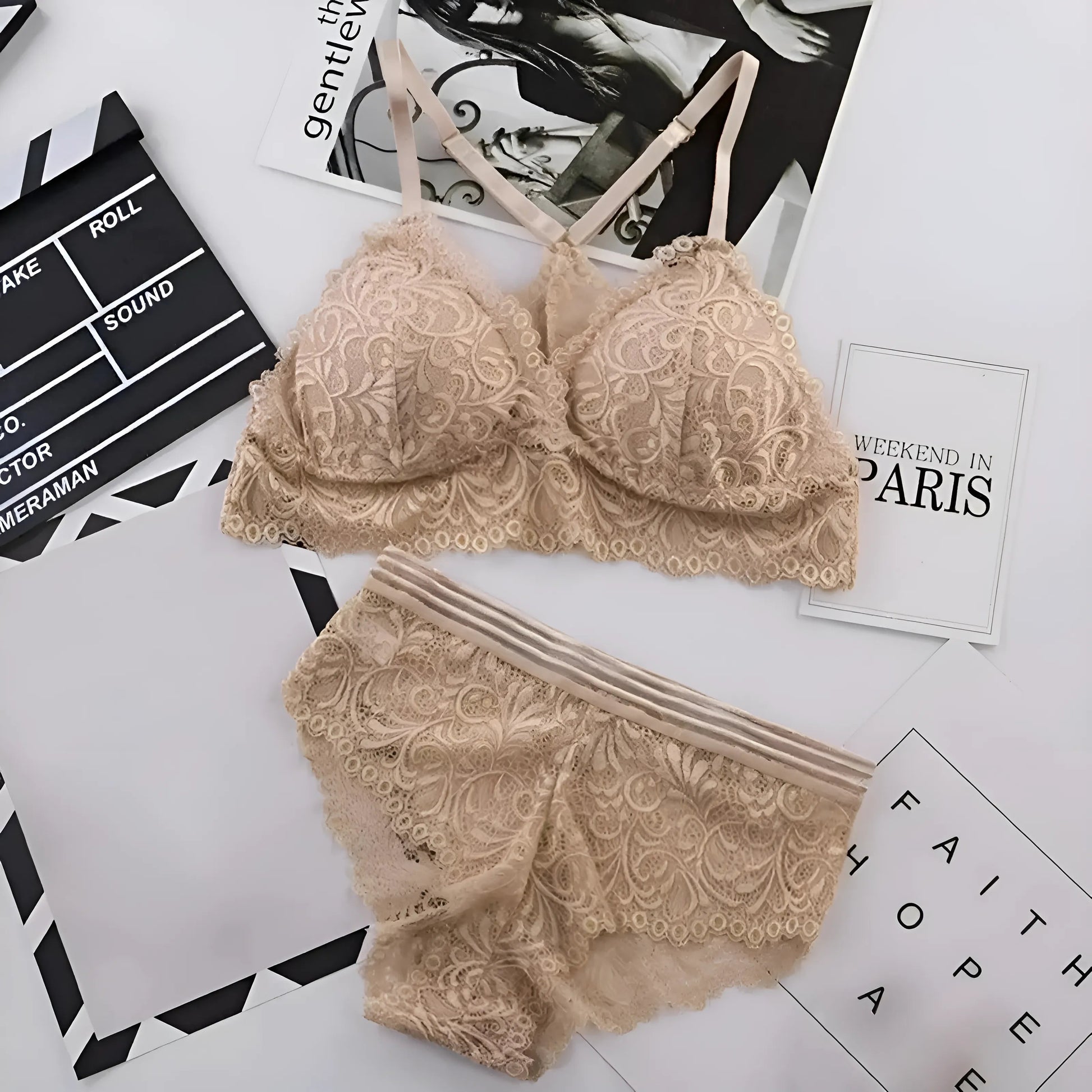 Beige Lace Lingerie Set with Decorative Back