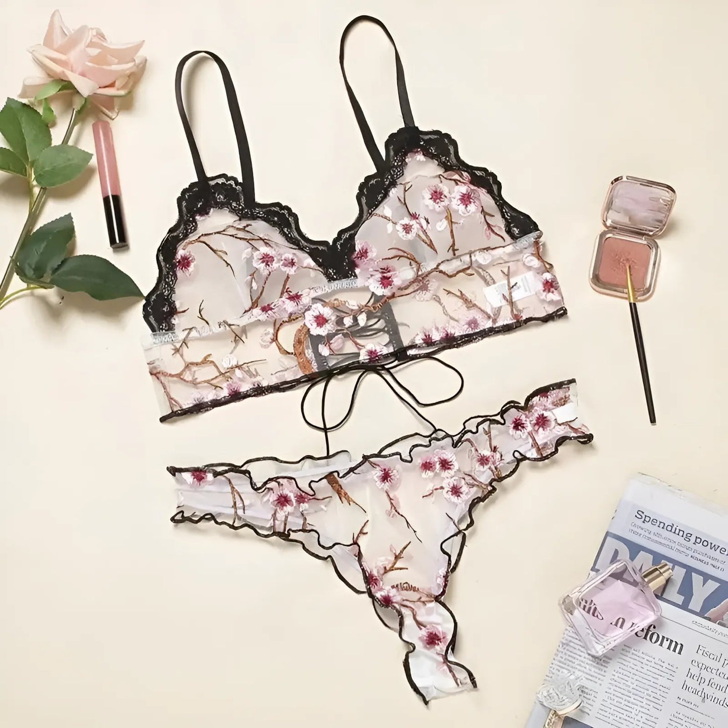 Beige Lace Lingerie Set with Delicate Floral Design