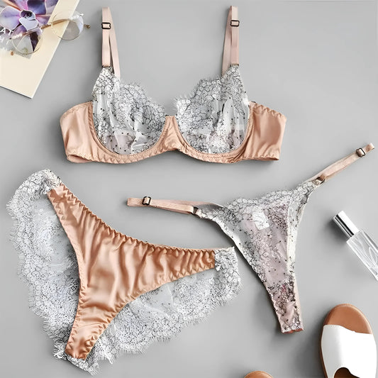 Beige Lace Lingerie Set with Two Styles of Knickers