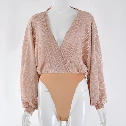 Beige Lace Pleated Bodysuit