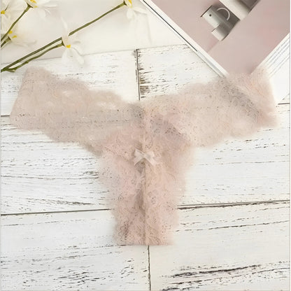 Beige Lace String Thong with Bow