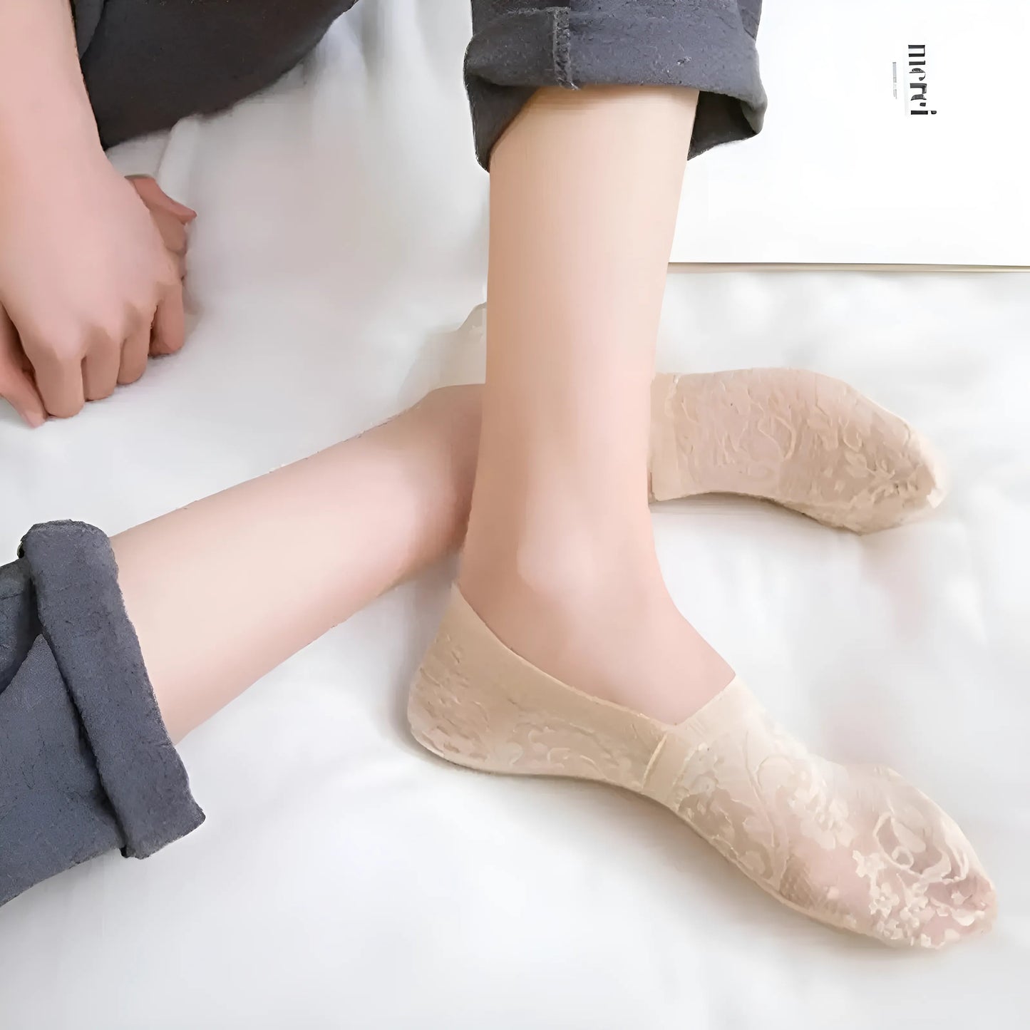 Beige Lace-Trimmed Ankle Socks