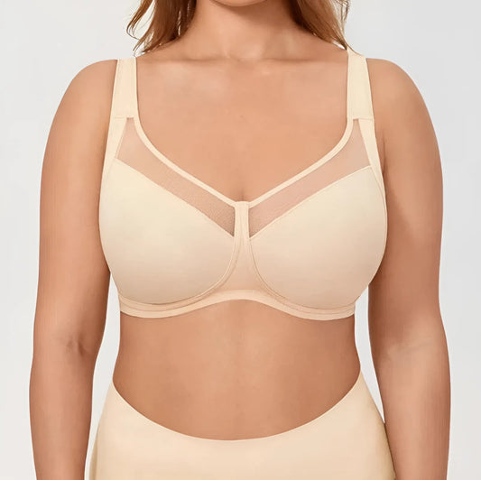 Beige Large Size Sports Bra with Mesh Panel