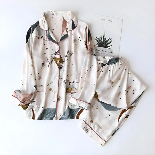 Beige Long Pyjama Set with Patterns