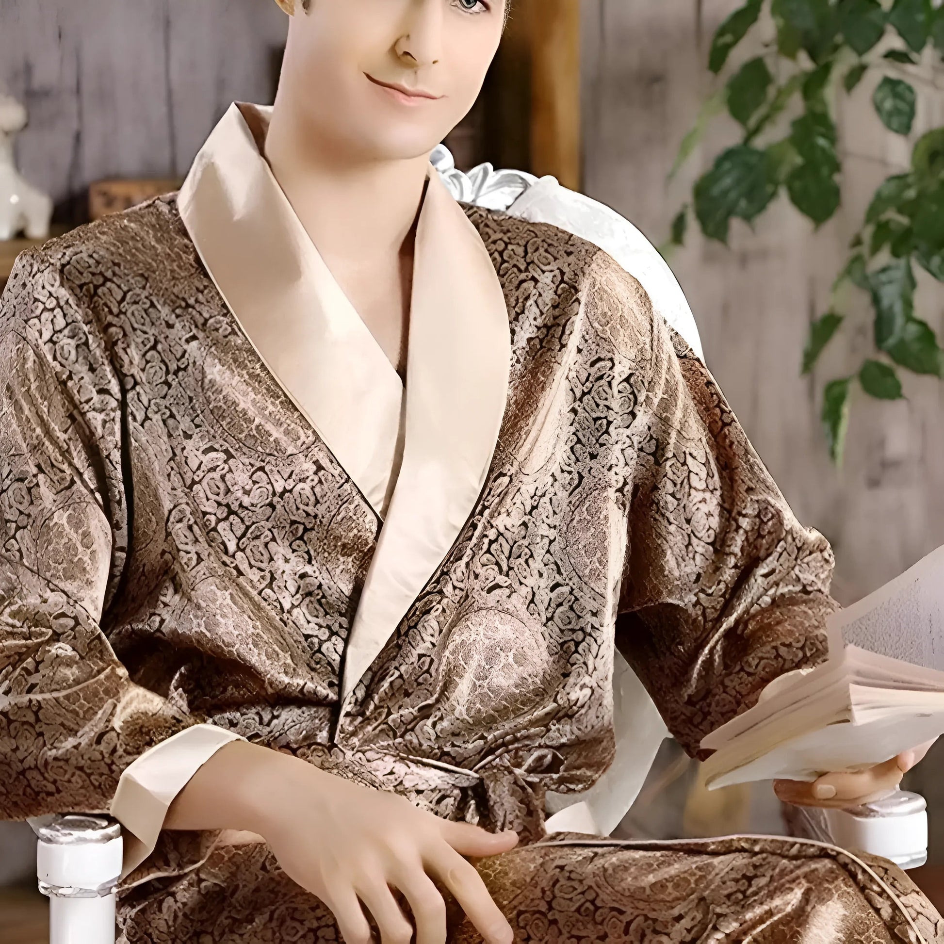 Beige Men's Patterned Robe