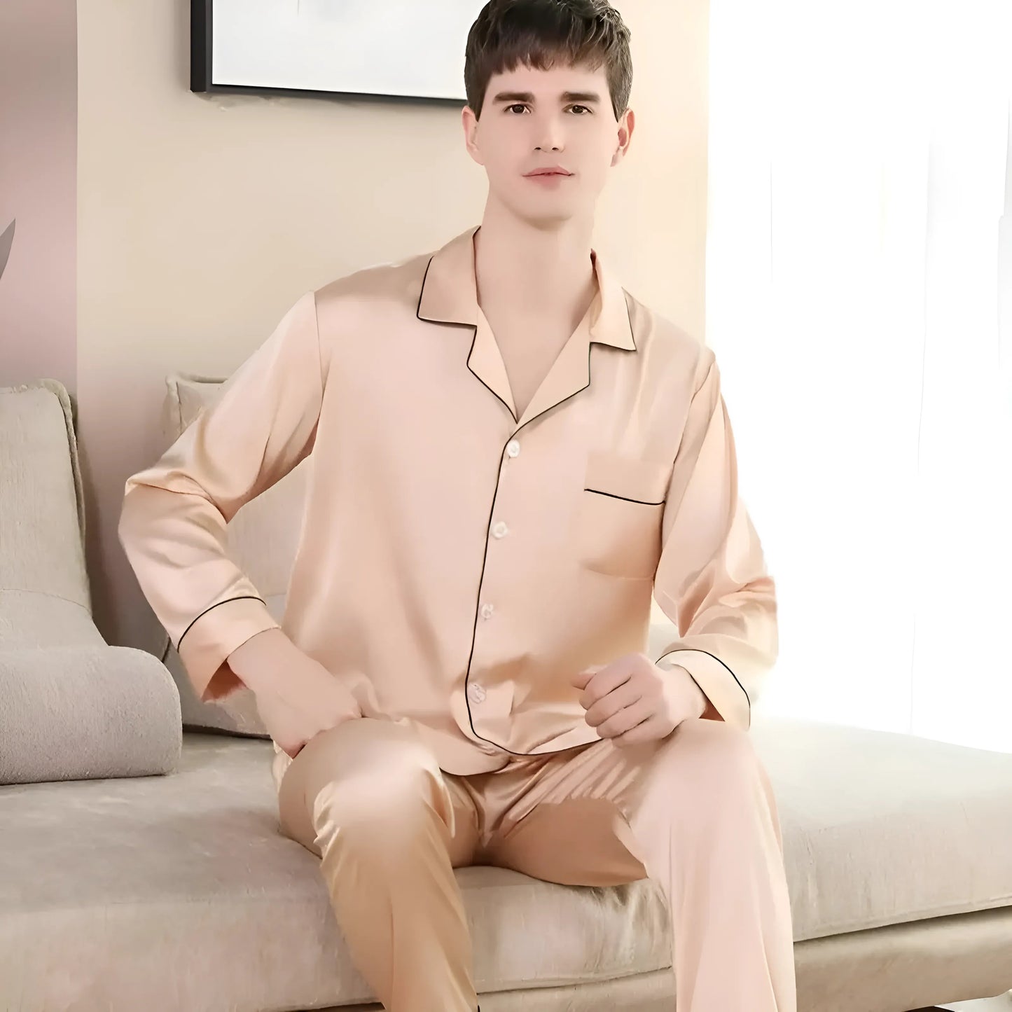 Beige Men's Satin Pyjama Set