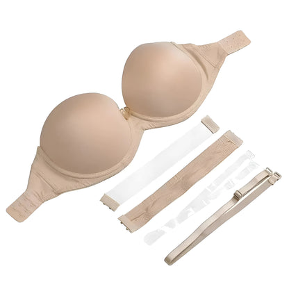 Beige Push-Up Bra with Removable Straps and Fastenings