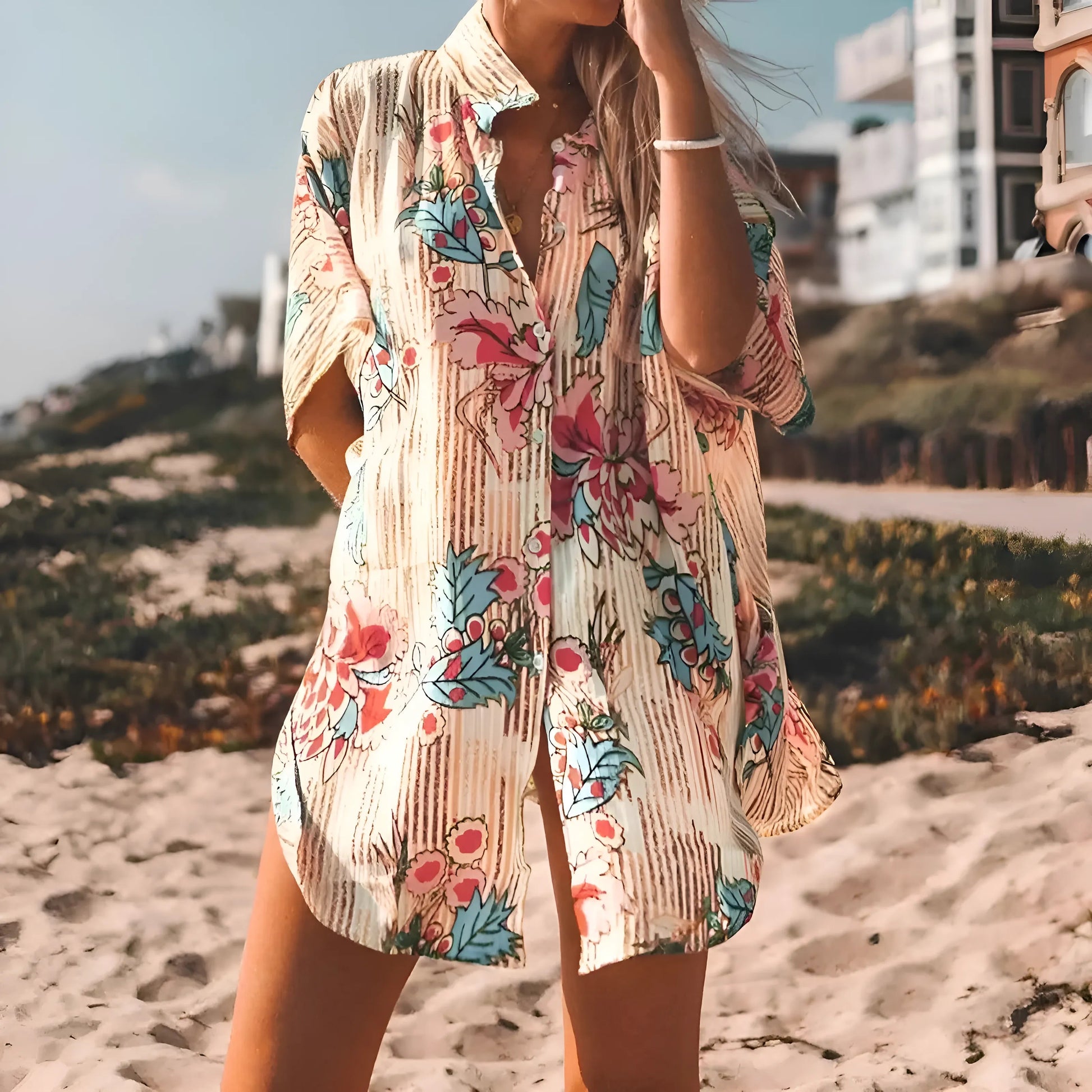 Beige Shirt-Style Beach Kimono