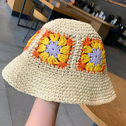 Beige Straw Hat with Flowers