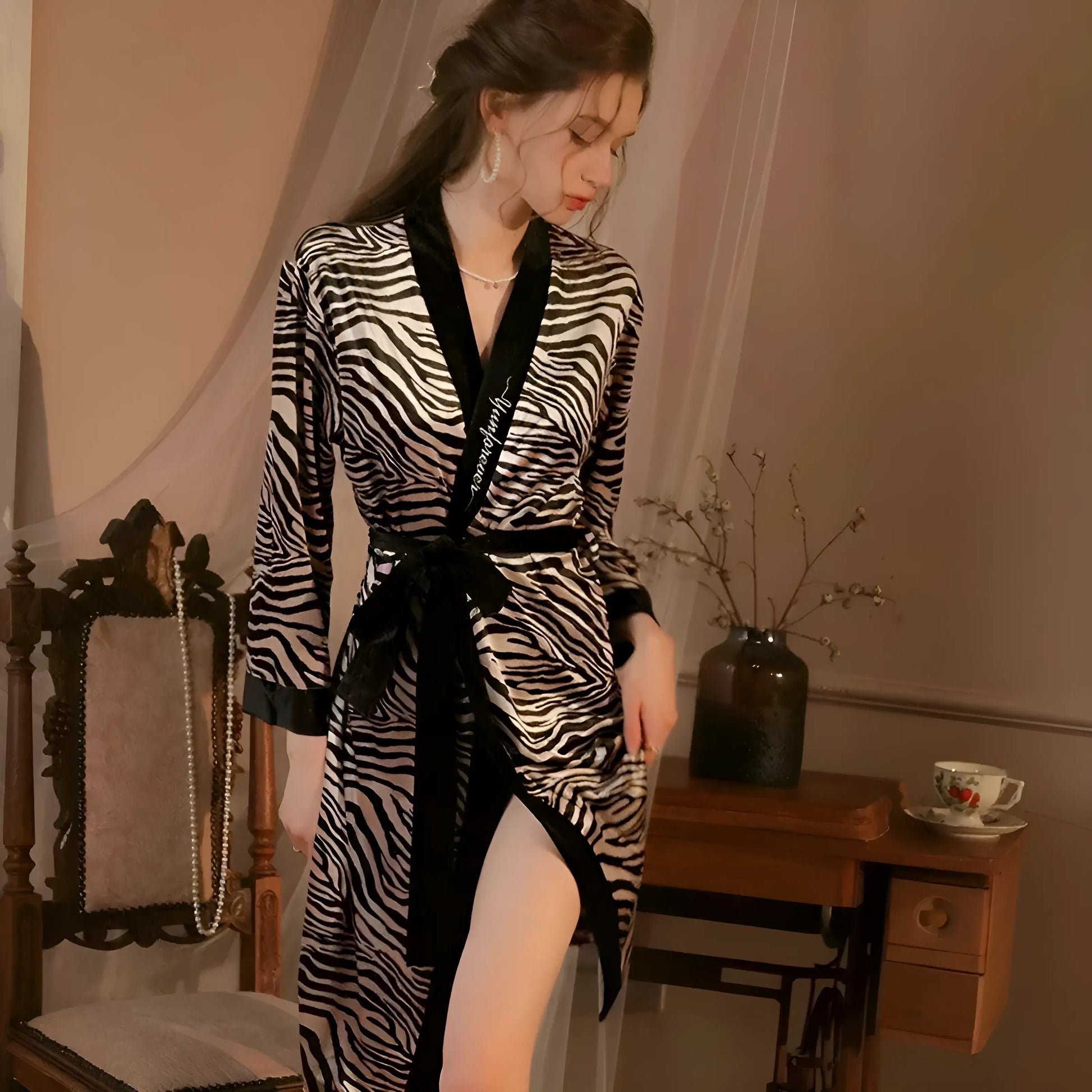 Beige Striped Satin Robe