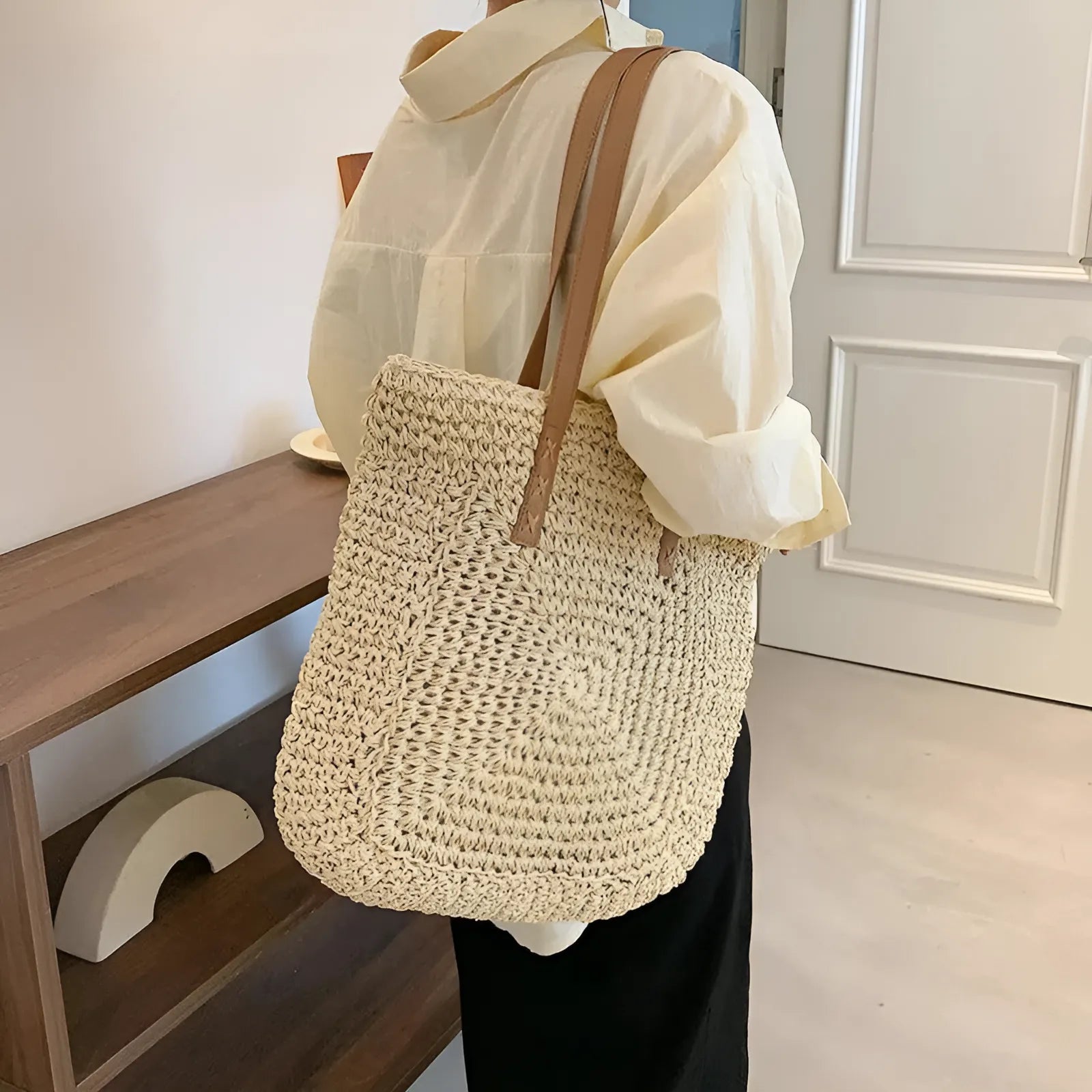 Beige Woven Beach Bag