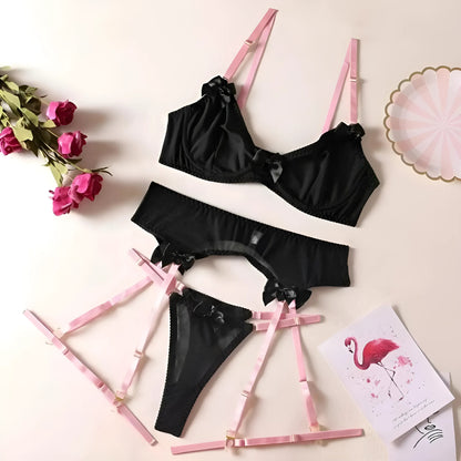 Black 3-Piece Contrast Lingerie Set