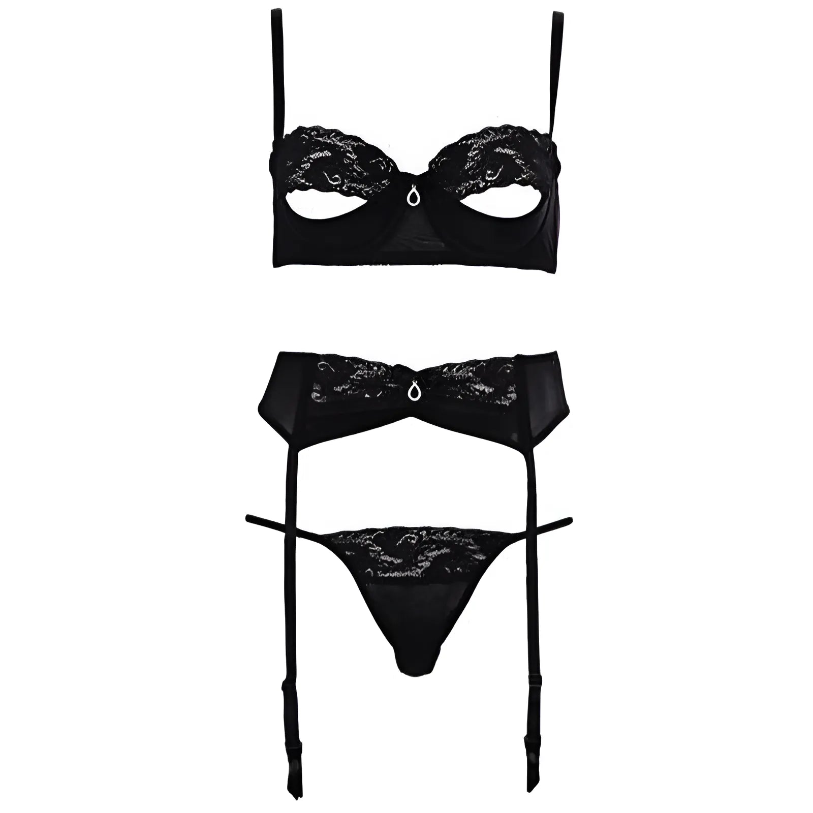 Black 3-Piece Lace Lingerie Set with Cut-Outs on Bra