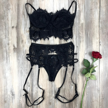 Black 3-Piece Lace Lingerie Set with Thigh Straps