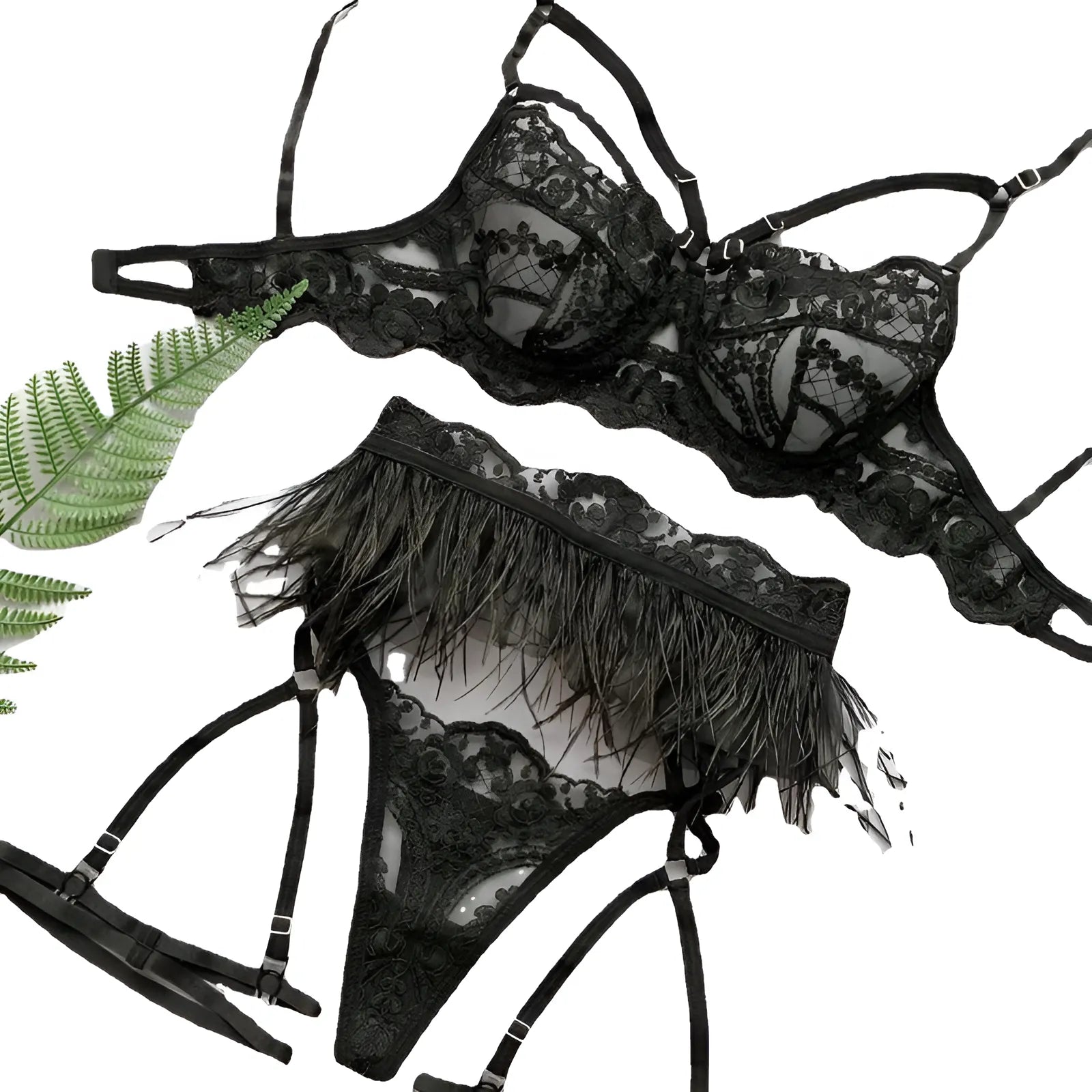 Black 3-Piece Lingerie Set with Decorative Belt