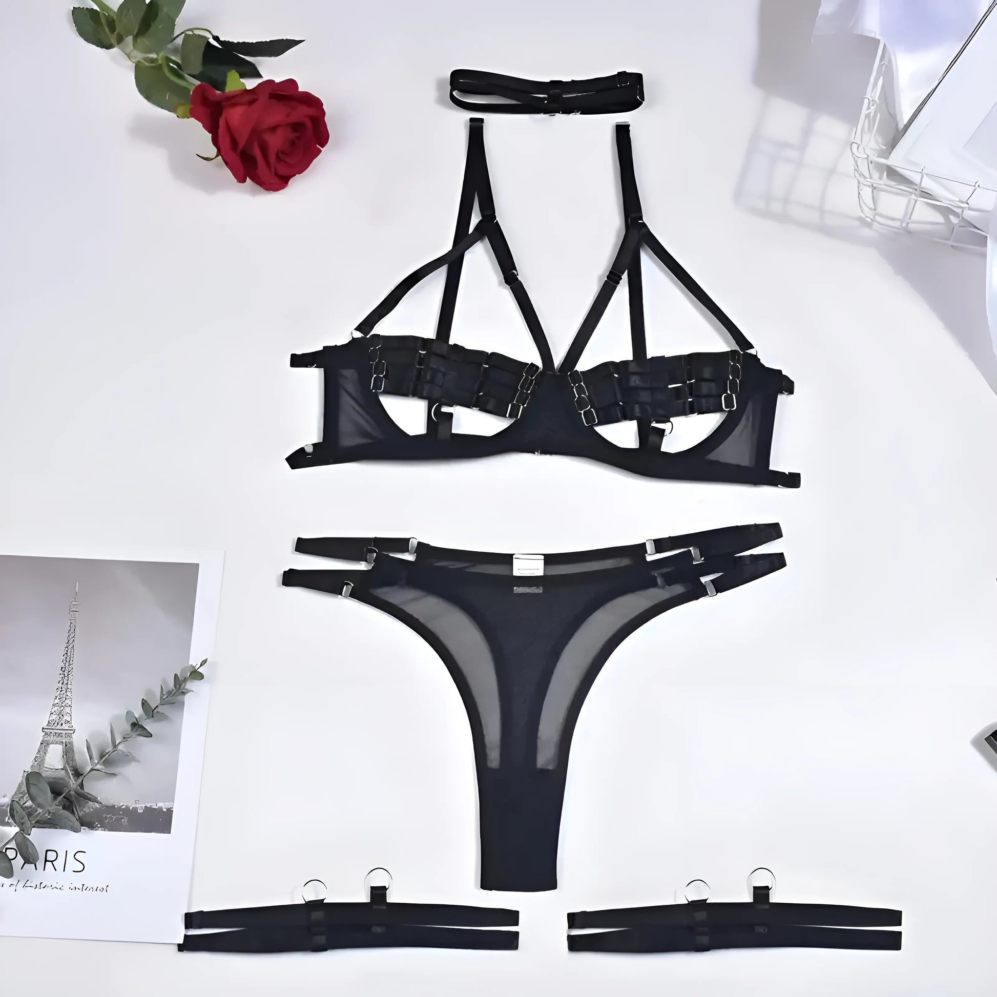 Black 4-Piece Lingerie Set with Decorative Straps