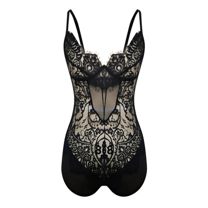 Black Delicate Lace Bodysuit with Mesh Inserts