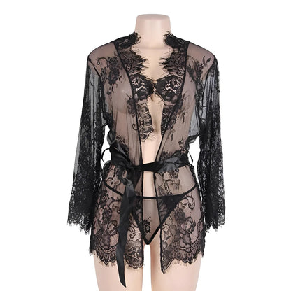 Black Delicate Lace Robe with Wide Sleeves