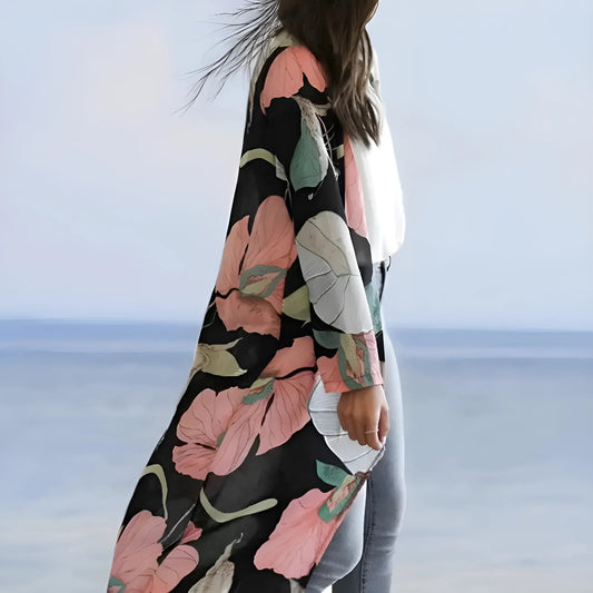 Black Floral Print Beach Kimono