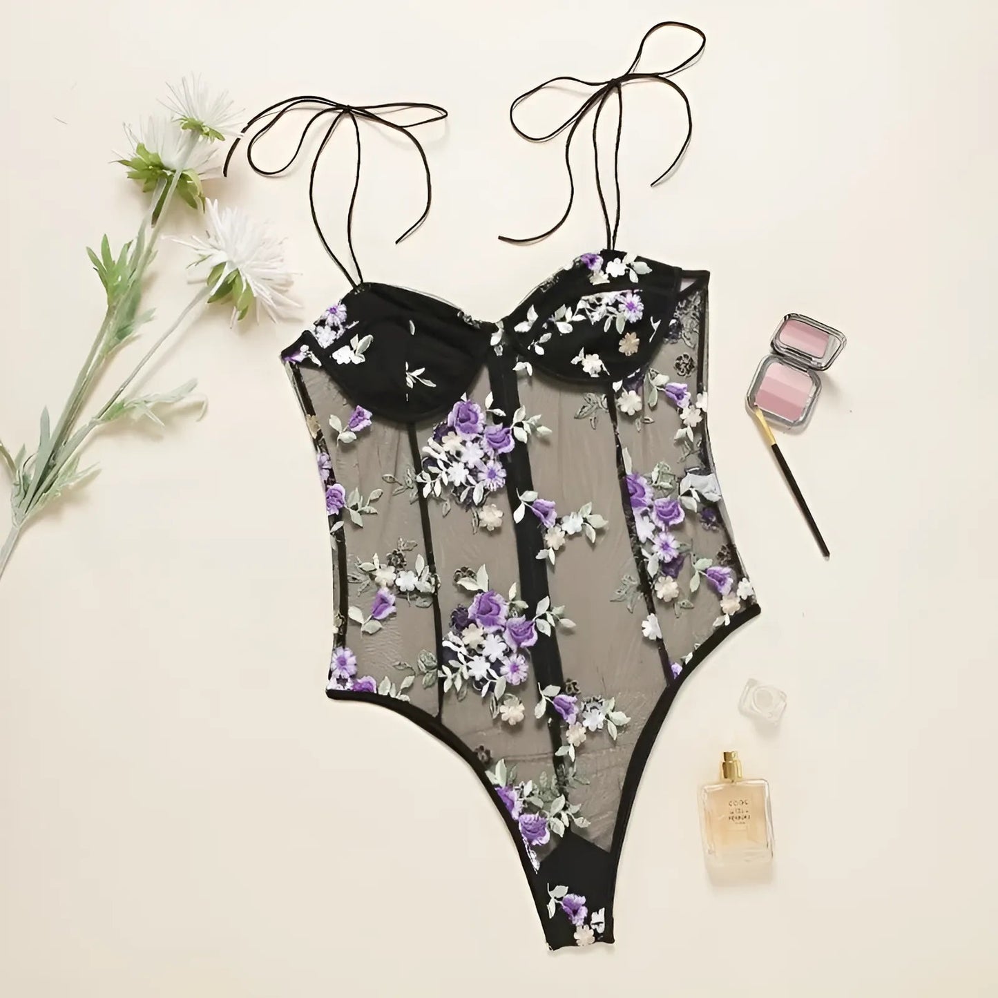 Black Floral Print Bodysuit