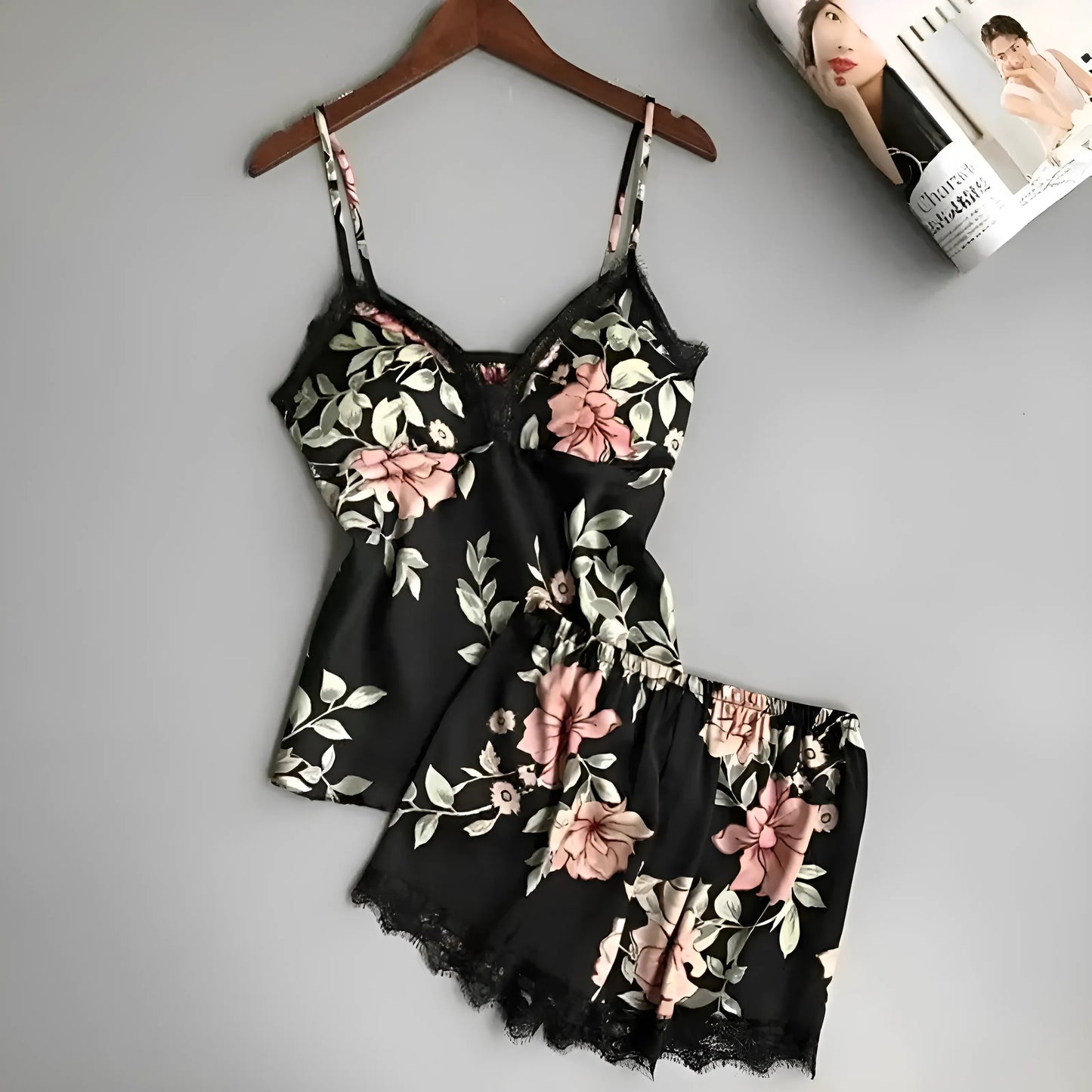 Black Floral Pyjama Set with Top and Shorts