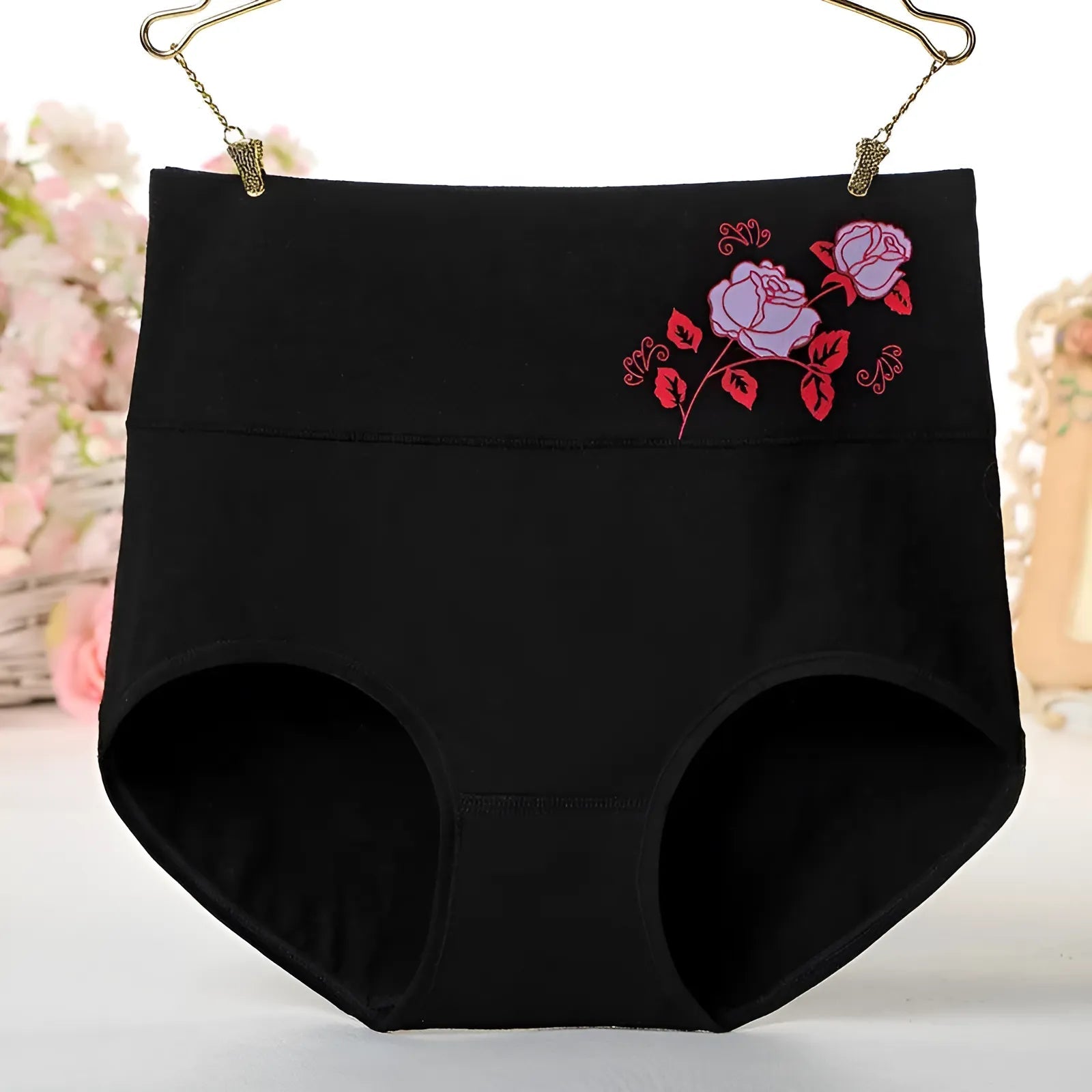 Black High-Waisted Knickers with Decorative Rose