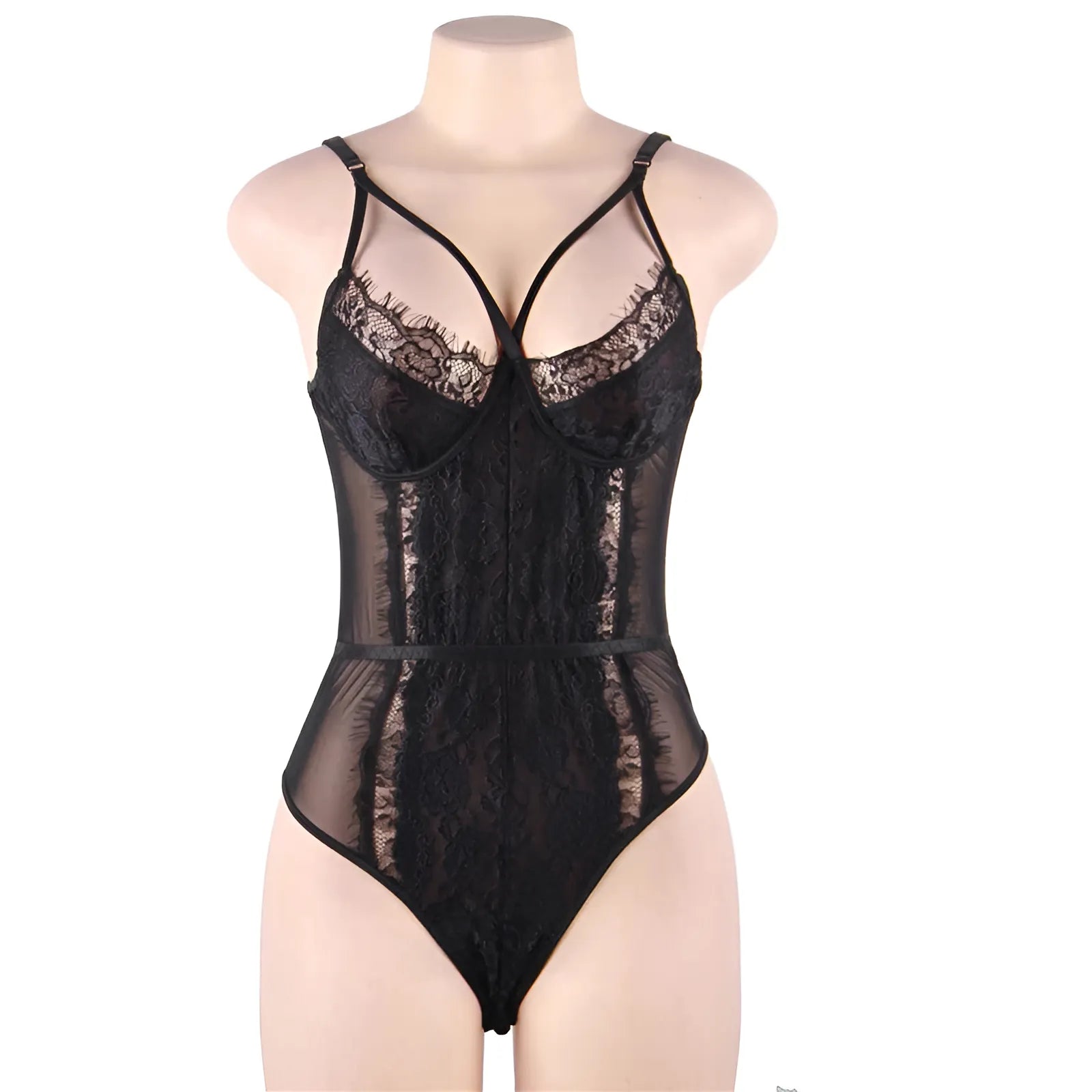 Black Lace Bodysuit with Decorative Straps