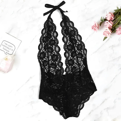 Black Lace Bodysuit with Deep V-Neck and Open Back