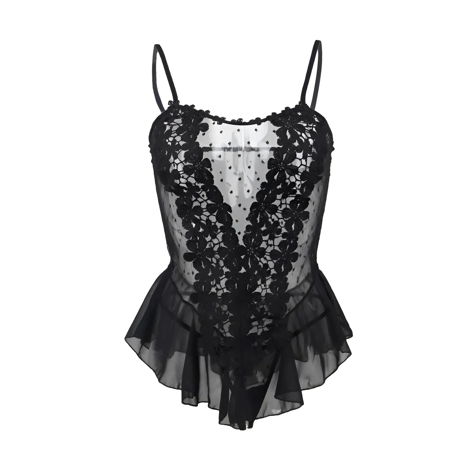 Black Lace Bodysuit with Ruffle Trim