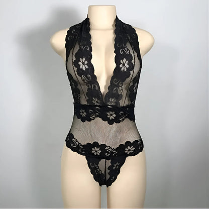 Black Lace Bodysuit with Sheer Mesh and Open Back