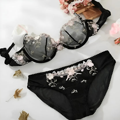 Black Lace Bra with Floral Design