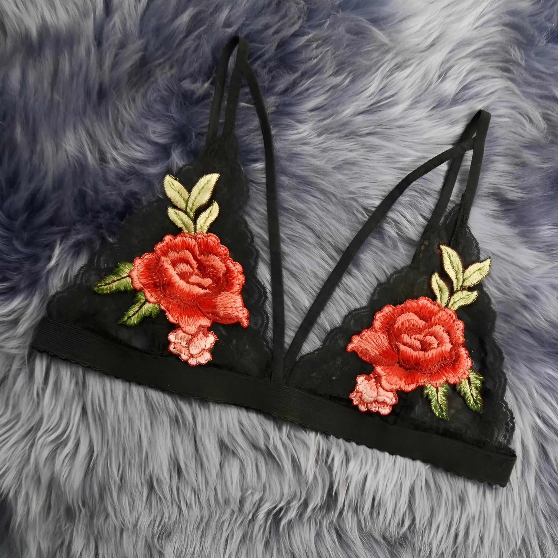 Black Lace Bralette with Floral Design