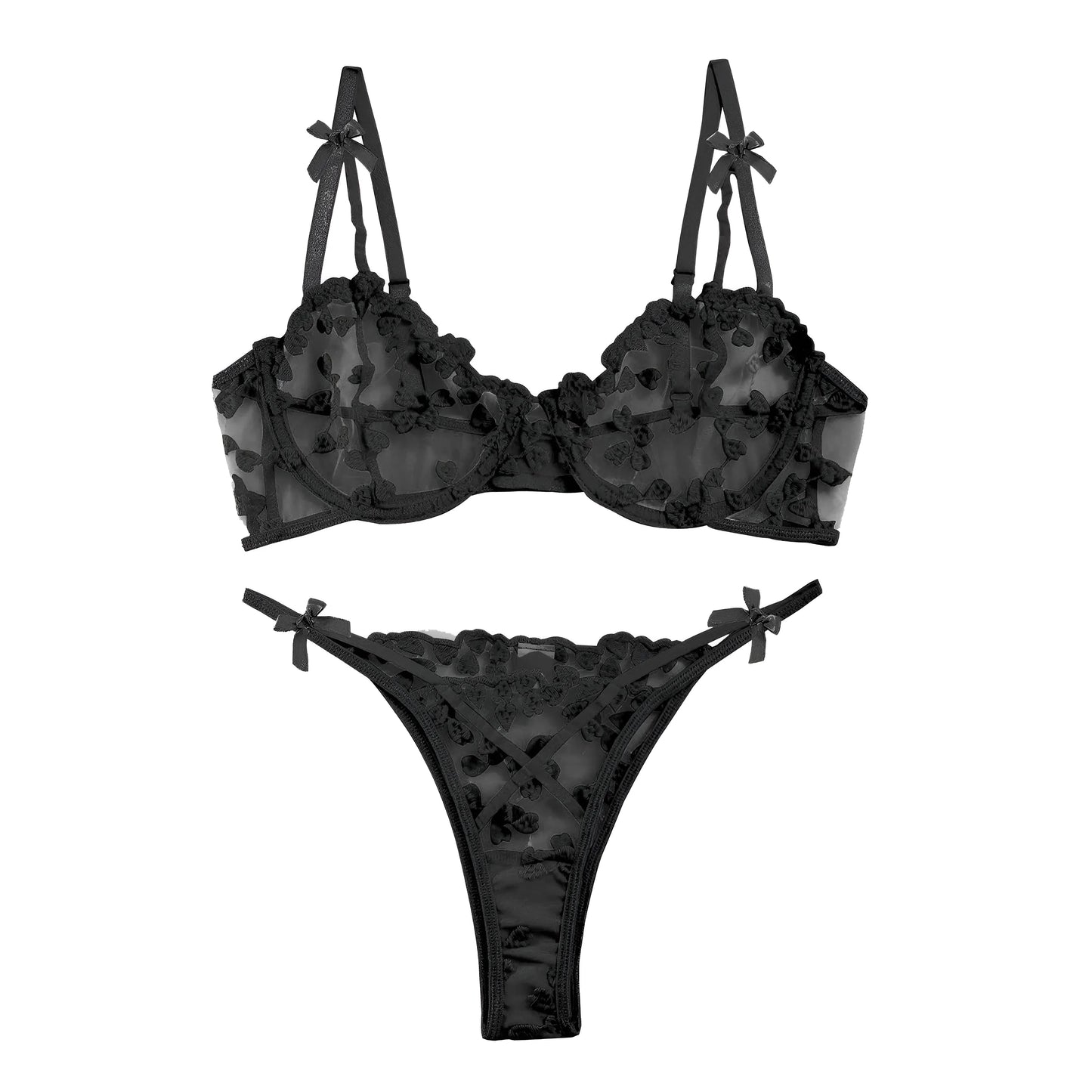 Black Lace Heart Print Lingerie Set