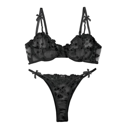 Black Lace Heart Print Lingerie Set