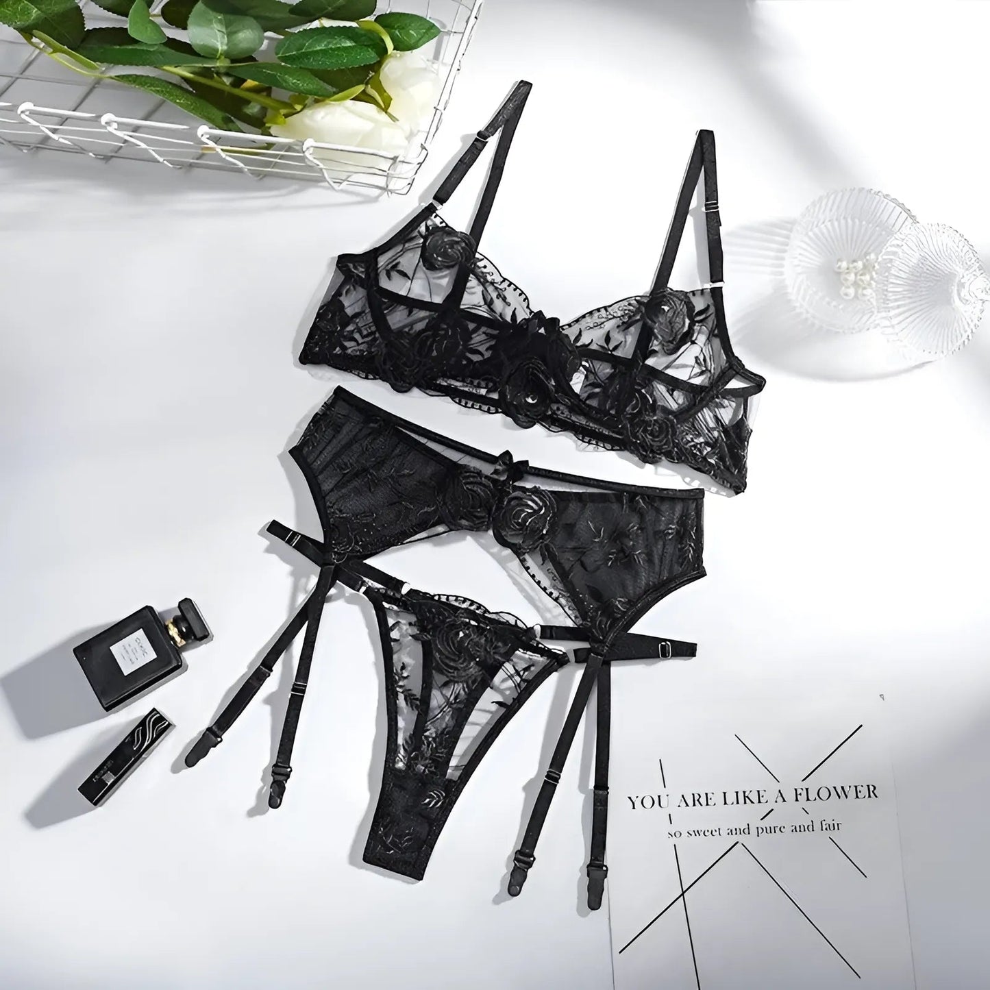 Black Lace Lingerie Set in Sheer Fabric