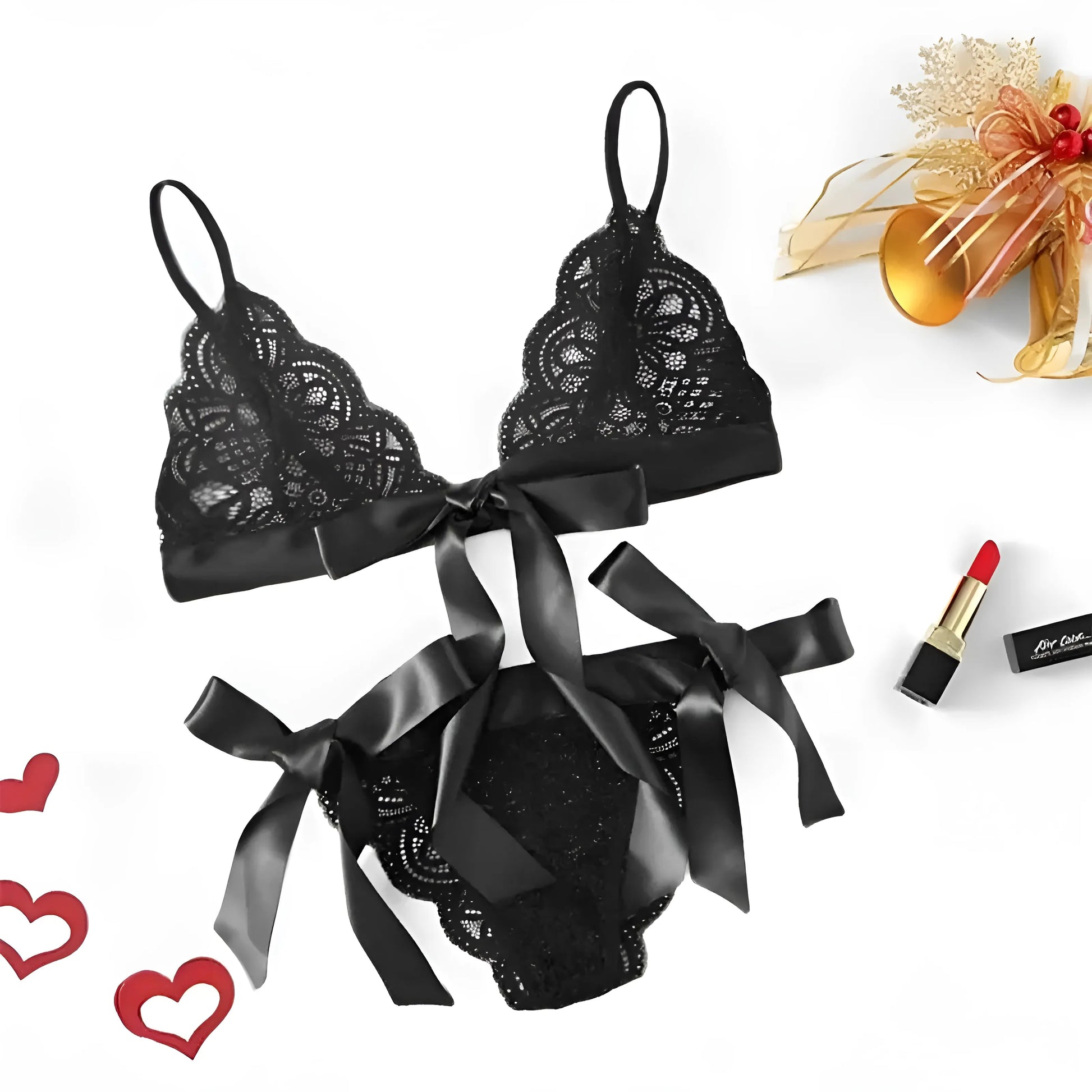 Black Lace Lingerie Set with Bows