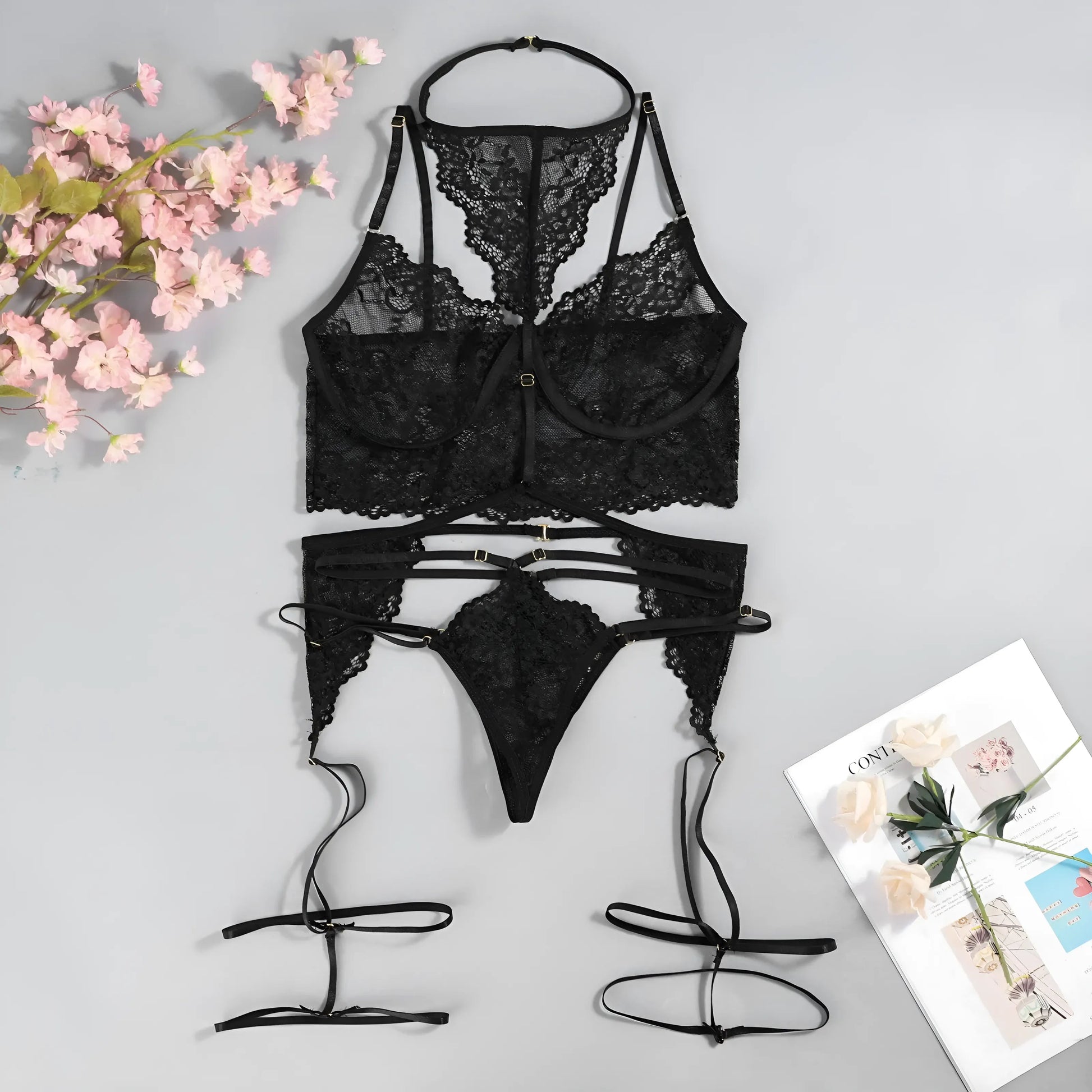 Black Lace Lingerie Set with Choker and Decorative Straps