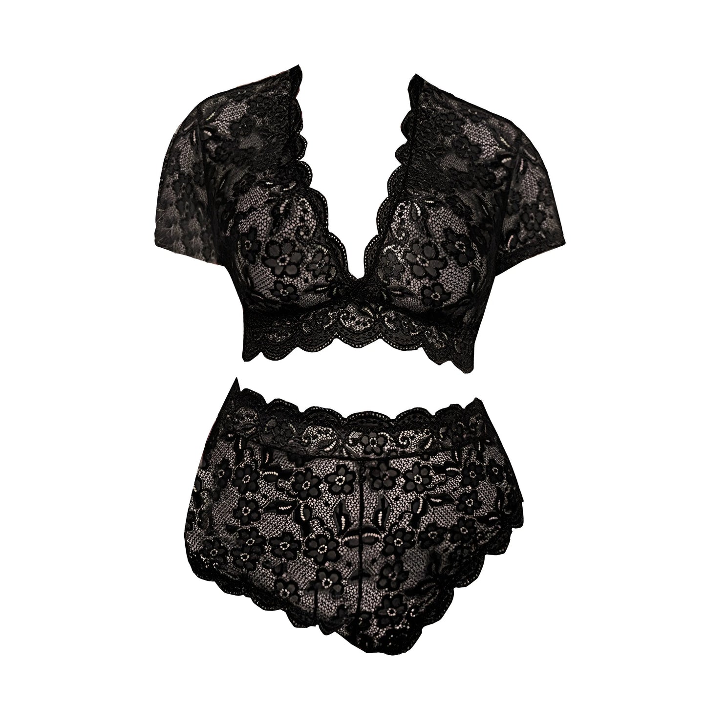 Black Lace Lingerie Set with Covered Shoulders in Plus Sizes