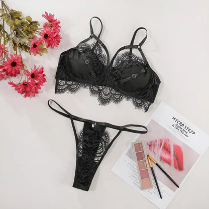 Black Lace Lingerie Set with Decorative Straps