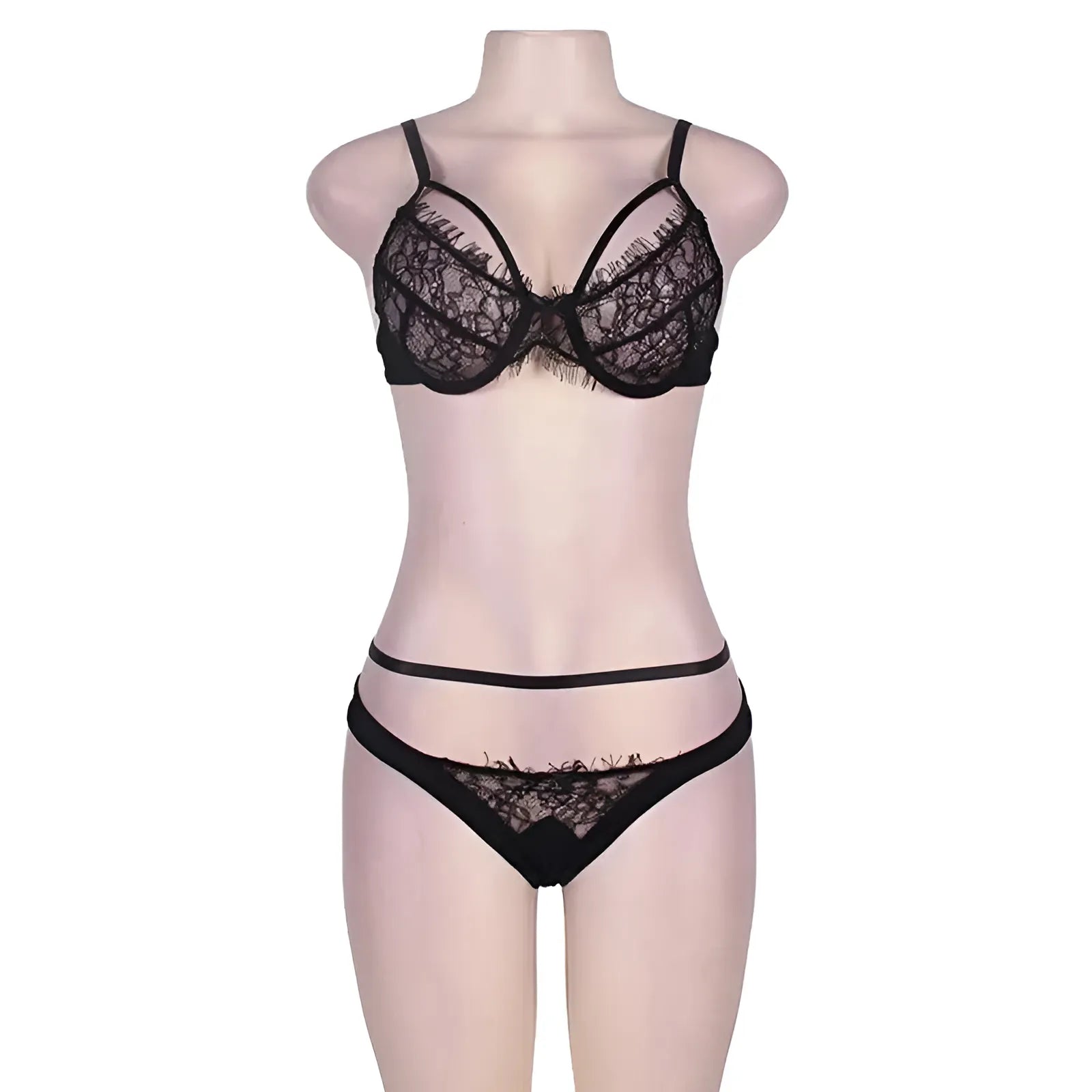 Black Lace Lingerie Set with Decorative Straps in Plus Sizes