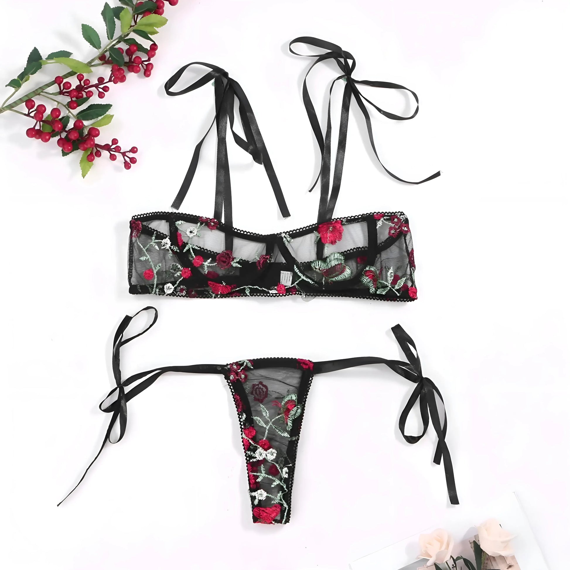 Black Lace Lingerie Set with Decorative Ties