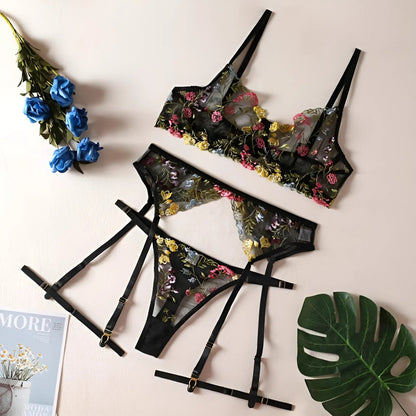 Black Lace Lingerie Set with Embroidered Flowers