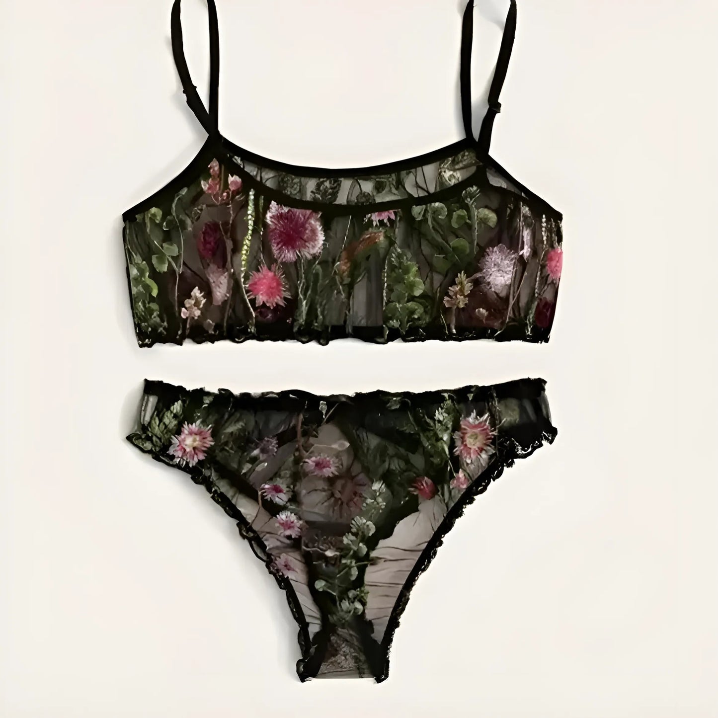 Black Lace Lingerie Set with Floral Design