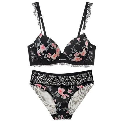 Black Lace Lingerie Set with Floral Design