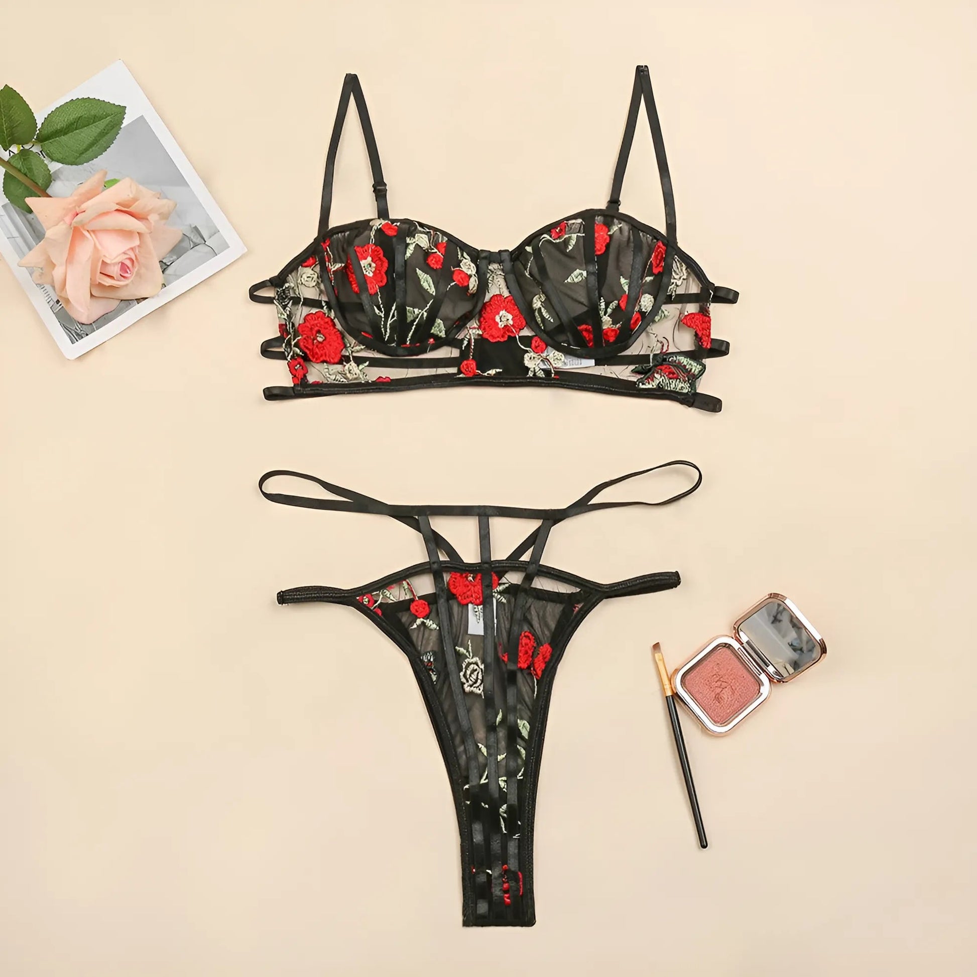 Black Lace Lingerie Set with Floral Design