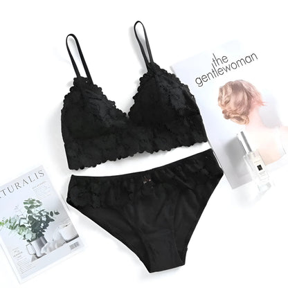 Black Lace Lingerie Set with Floral Design