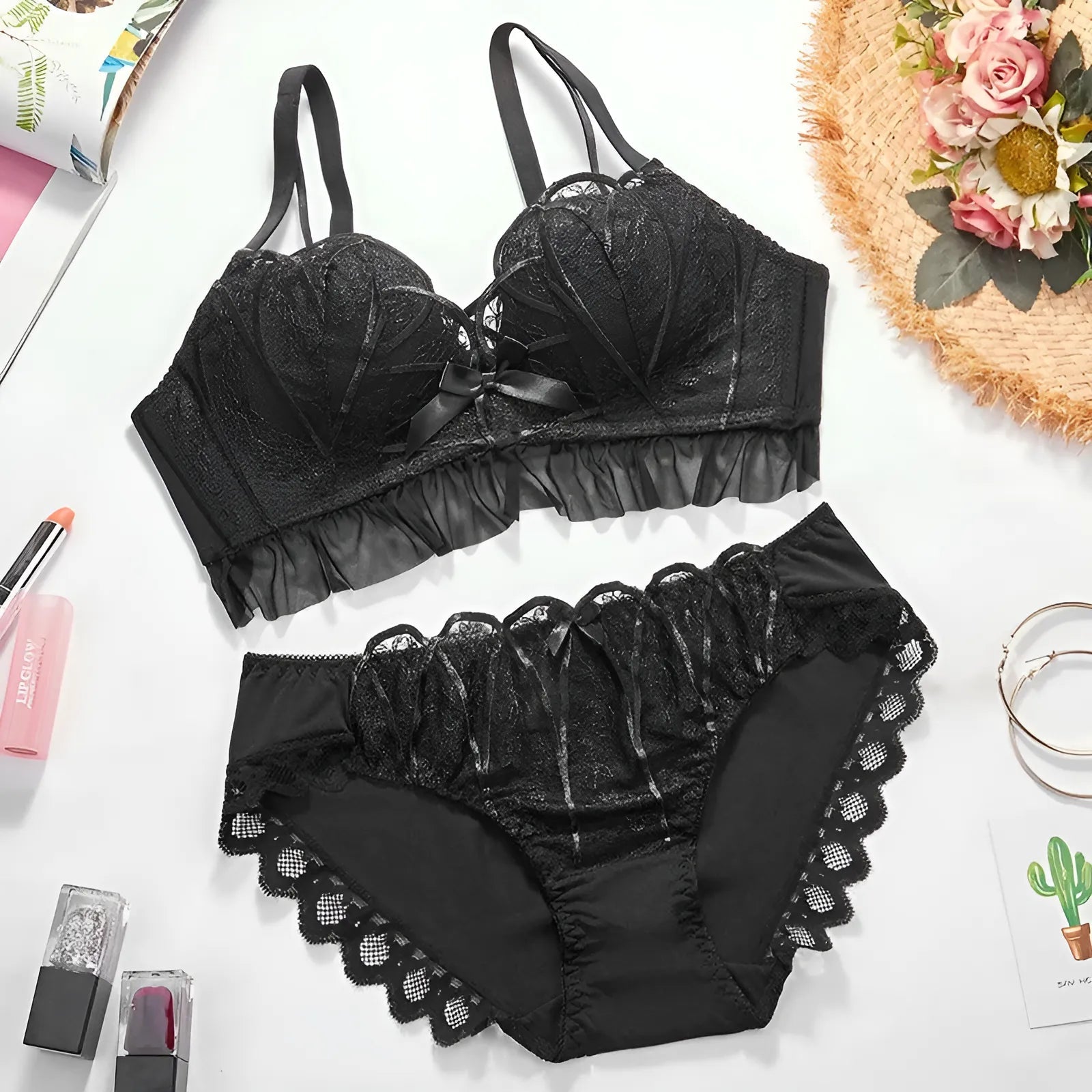 Black Lace Lingerie Set with Low-Cut Bra