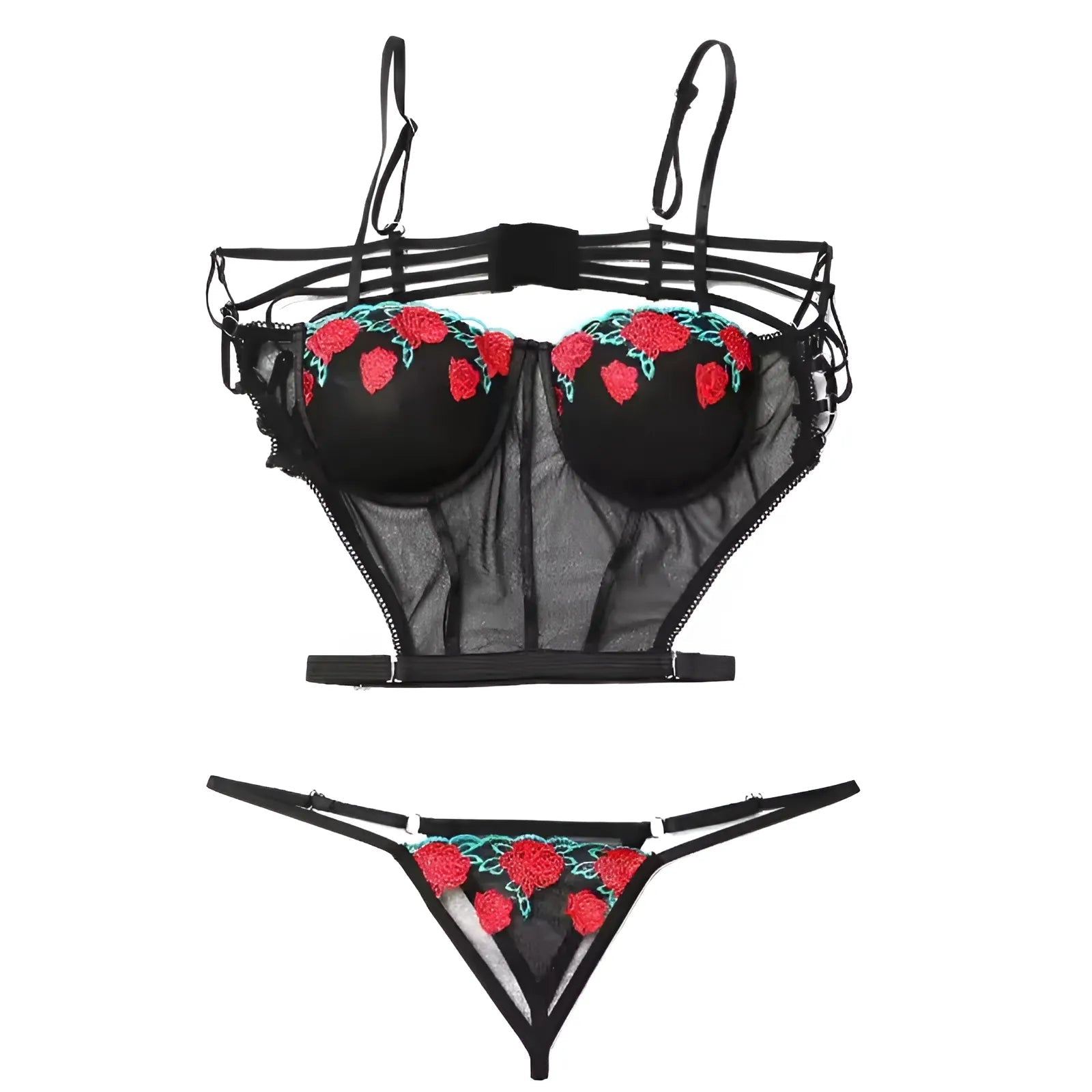 Black Lace Lingerie Set with Roses