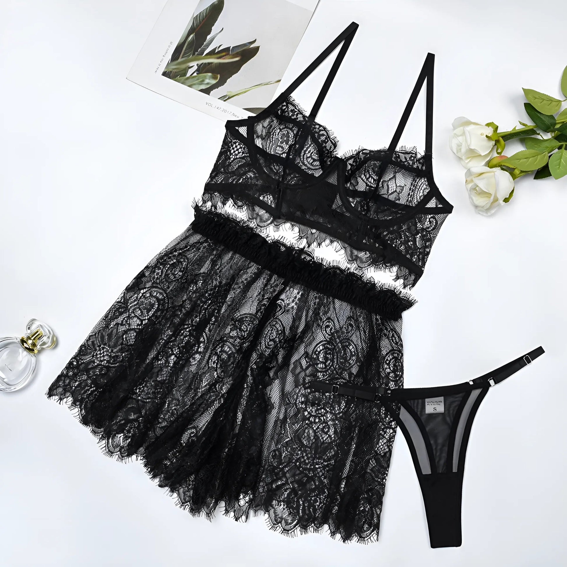 Black Lace Lingerie Set with Skirt